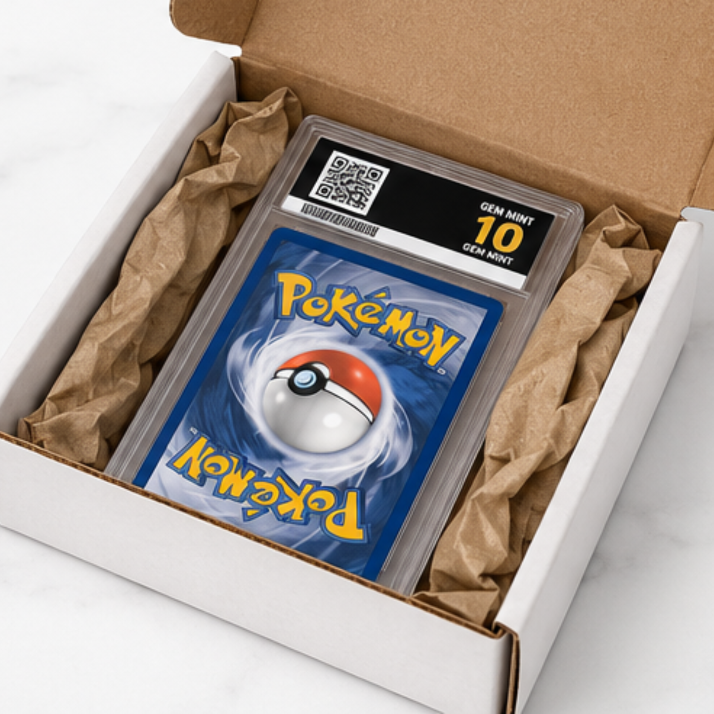 A graded Pokémon Gem Mint card in a clear plastic slab, displayed inside an open white box with brown tissue paper. The slab has a black grading label at the top showing a 10 Gem Mint rating.