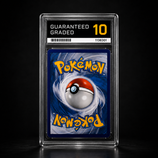 A graded Pokémon trading card in a clear plastic slab with a black label reading 'GUARANTEED GRADED 10' and card number 1138301. The card back features a blue swirl background with a red, white, and blue Pokémon ball and yellow 'Pokémon' text, shown against a black background.