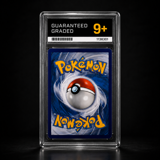 A graded Pokémon trading card in a clear plastic slab against a black background. The slab shows a black header with white and yellow text reading 'GUARANTEED GRADED 9+' and a barcode, with the Pokémon logo in yellow on the blue card insert.